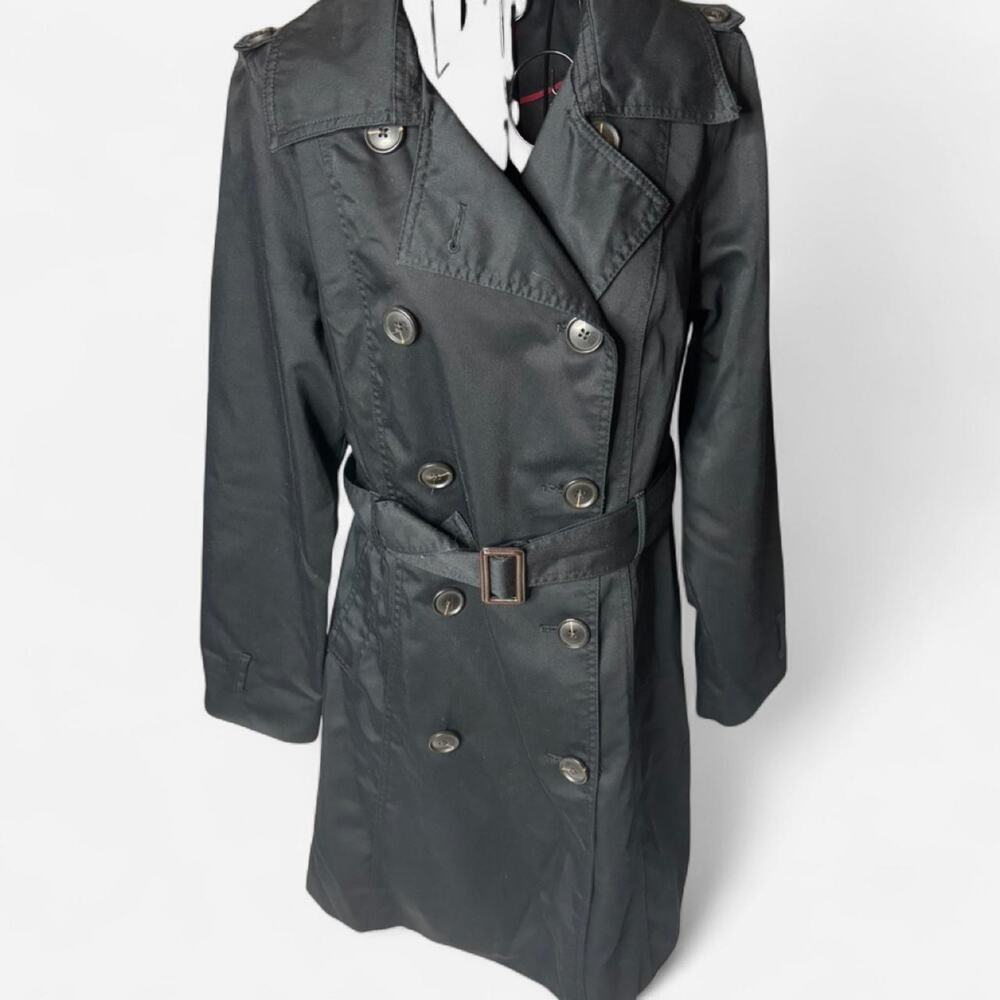 Merona Black Double Breasted Trench Coat Belted Water Repellent Large